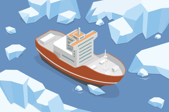 3D Isometric Flat Vector Illustration of Icebreaker, Ship In Icy Waters With Mountains In Arctic Expedition