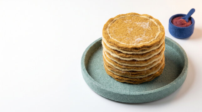 Stack of golden pancakes on a blue plate with sauce on the side  
