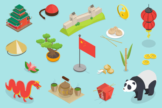 3D Isometric Flat Vector Illustration of China, Banner Featuring Chinese Culture Elements