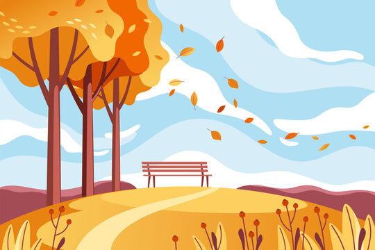 Autumn landscape with bench and leaves falling in. Vector illustration.