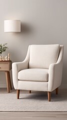 Fototapeta premium A cozy, textured cream armchair sits on a neutral rug beside a wooden side table with a chess set and a modern wall lamp in a minimalist living space.