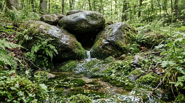 Peaceful Forest Stream with Pure Water Cascading Over Ancient Mossy Stones and Vibrant Green Plants in Wild Nature