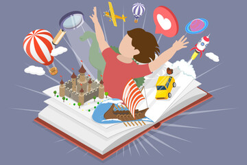 Fototapeta premium 3D Isometric Flat Vector Illustration of Stories For Kids, Children Library