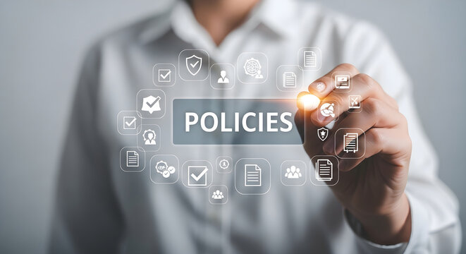 Professional Business Leader Managing Corporate Policies and Digital Compliance Strategy with Interactive Interface Technology