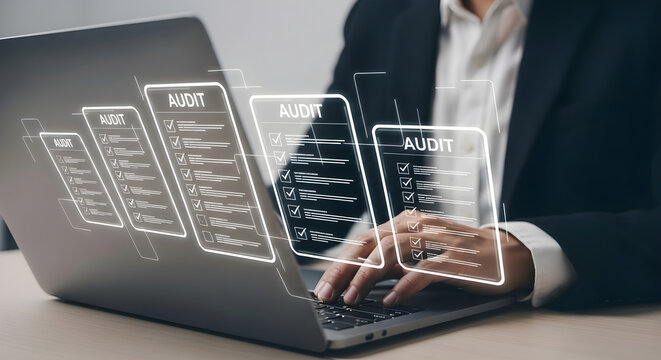 Professional Accountant Reviewing Financial Audit Documents and Data Compliance Reports Using Modern Laptop Technology in Digital Office