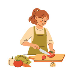 Cute girl in apron slicing red tomato on a wooden board. Child character helping to prepare healthy vegetable meal. Vector illustration isolated on white