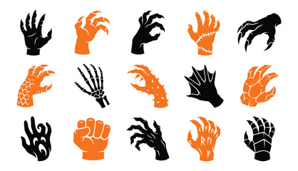 Obraz premium A collection of scary monster hand silhouettes in black and orange colors for your creative halloween party decorations
