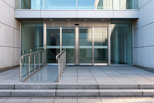 Modern entrance with glass doors and ramp