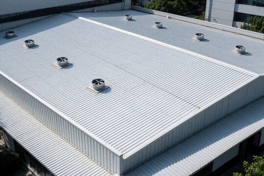 Aerial view of white corrugated metal roof on large commercial building. Industrial warehouse features steel sheets with ventilation fans. Modern factory architecture uses durable zinc material for