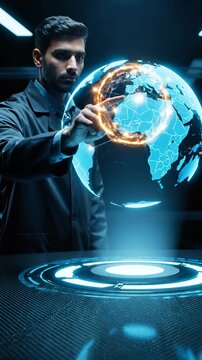 Man interacting with holographic globe in dark lab. Focused scientist touches glowing earth projection. Blue hologram shows global network connections. Futuristic technology display glows on table.