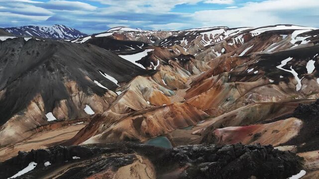 Aerial drone view of colorful rhyolite mountains in Landmannalaugar, Iceland