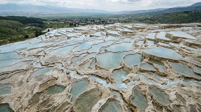 Beautiful White Travertine Terraces with Turquoise Thermal Water Pools Overlooking a Lush Green Valley and Hills