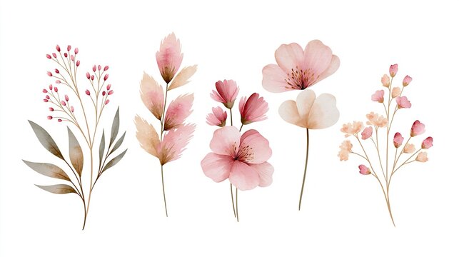 Botanical sprigs and soft pink watercolor flowers stand side by side in a clean layout.