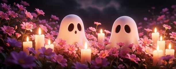 Fototapeta premium Two cute white ghosts sit among pink flowers in night garden. Glowing candles light up magical scene with soft warm light. Whimsical characters enjoy peaceful atmosphere in dreamy floral setting.
