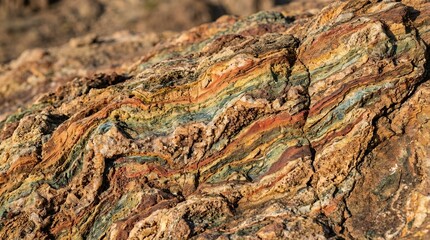 Fototapeta premium Vibrant Colorful Mineral Deposits in Layered Rock Formation of Ancient Geological Sedimentary Stone Surface Texture