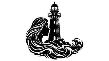 Obraz premium Elegant vector illustration featuring a beautiful woman with long flowing hair standing by a lighthouse beacon