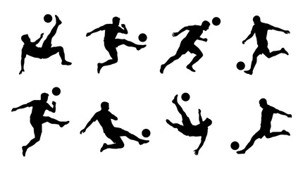 Professional soccer players silhouettes performing dynamic action kicks captured in black vector graphic design collection set © VectroGraphy