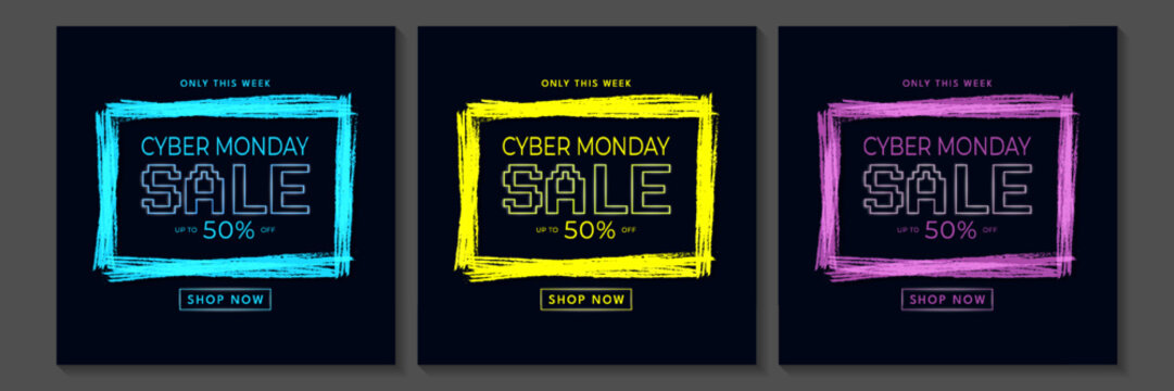 set of three dark promotional banners featuring grunge neon frames and tech typography