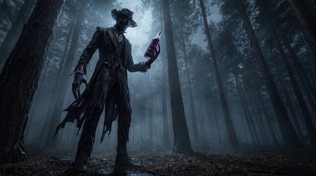 Tall slender entity in misty forest with glass bottle