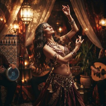 Woman performing a belly dance in a vibrant ethnic setting  