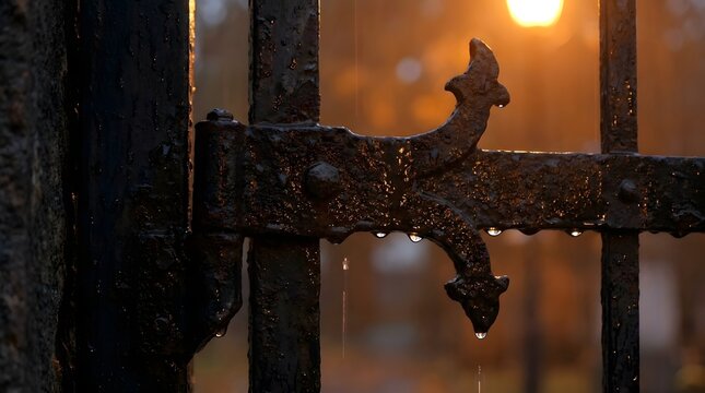 Gothic iron gate with raindrops on a misty halloween night at sunset reflecting a mysterious golden street lamp light like a monster eye focusing