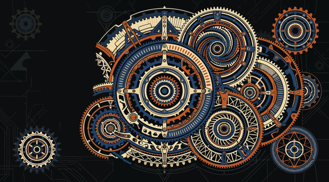 Intricate mechanical clockwork gears and cogs engineering blueprint design