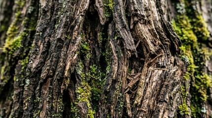 Obraz premium Detailed Macro Shot of Old Textured Tree Bark with Vibrant Green Moss Growth in a Lush Natural Forest Setting