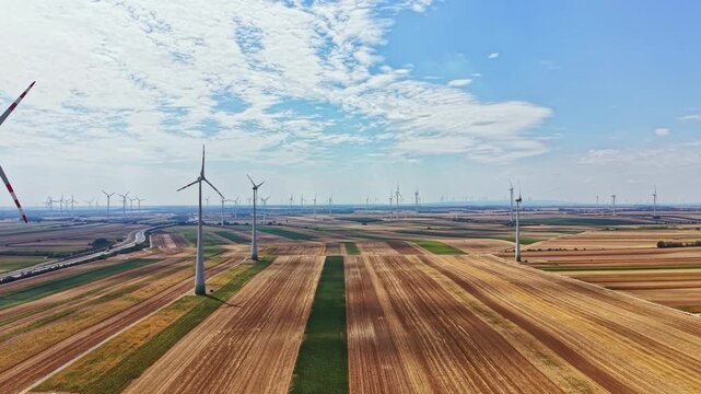 Wind turbines rotate slowly in a large open field. Rows of crops stretch across the land with a clear sky overhead. The scene shows renewable energy in action during daylight hours.