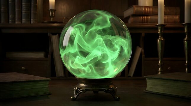 Mysterious glowing green crystal ball revealing ancient secrets and dark prophecies, perfect for a spooky Halloween night of magic and foreboding