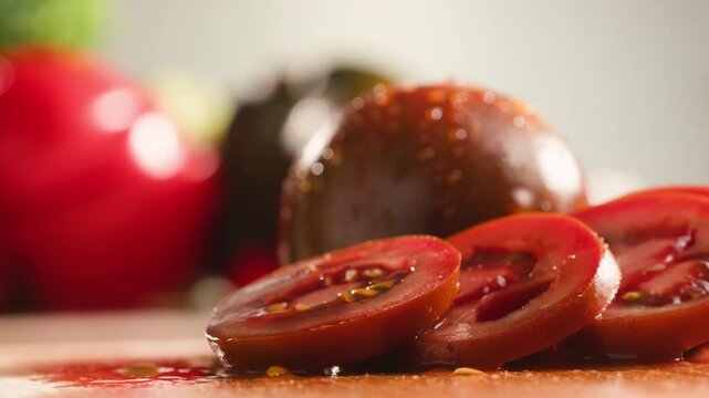 Chop tomato close up, Diced kumato tomatoes on a cutting board for Italian sauce, chef cut tomatoes with knife. 
