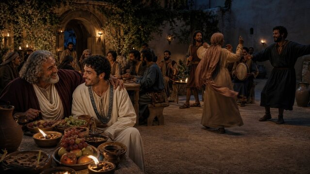 Father welcomes the repentant prodigal son at a joyful ancient feast. Biblical parable of forgiveness, reconciliation, family love, and spiritual restoration from Luke 15.