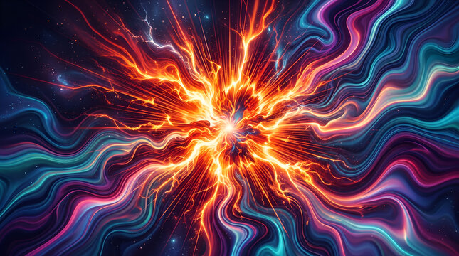 abstract cosmic energy burst with colorful wavy lines of blue and orange light explosion