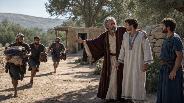Father welcomes his returning son as servants bring festive clothing in a biblical village. Parable of the prodigal son depicting forgiveness, reunion, mercy, and family celebration.