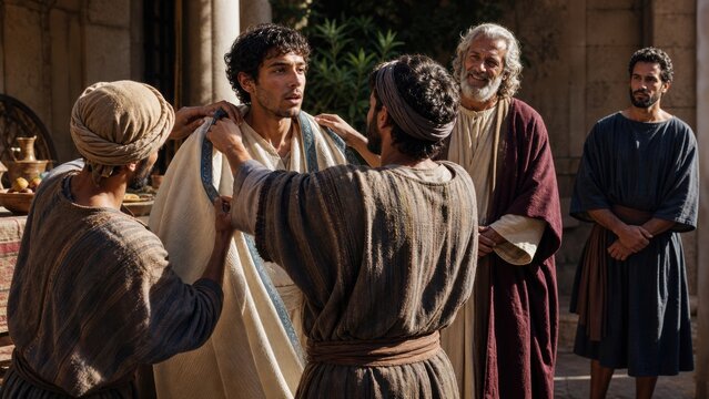 Father welcomes repentant son with a new robe while family gathers in an ancient courtyard. Biblical parable of the prodigal son, forgiveness, mercy, and joyful restoration.