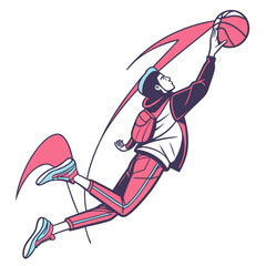 Young basketball player jumping high to make a slam dunk shot in a cool modern graphic style © Akhi