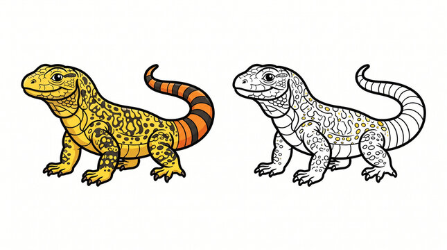 Two Identical Yellow and Black Patterned Lizard Illustrations &ndash; Colorful and Black-and-White Vector Set