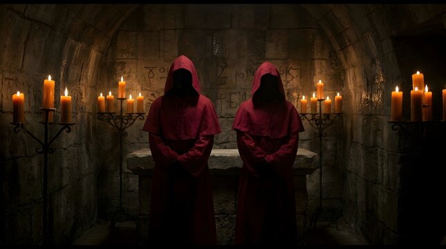 Two mysterious hooded figures in red robes standing in a dark stone chamber illuminated by glowing candles for a cinematic Halloween ritual scene