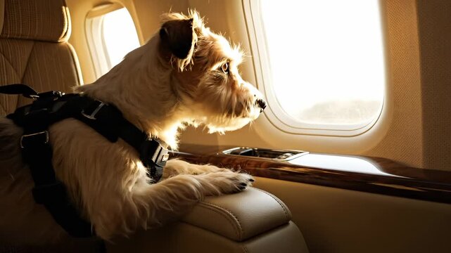 Dog travels in airplane seat looking through window during flight. Pet dog sits in airplane cabin with harness. Dog watches through airplane window. Pet travel in cabin with safety harness on seat.