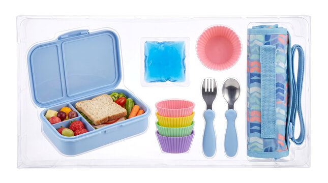 Blue bento lunch box set with sandwich fruit and cutlery