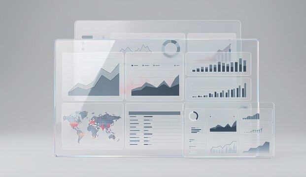 Modern glassmorphism financial dashboard mockup with abstract charts and analytics floating on translucent glass panels