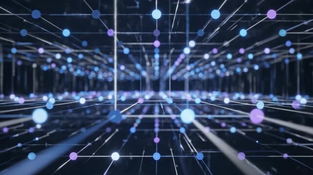 Glowing blue network nodes connected by lines moving through virtual space. Digital data structure representing global communication connection and complex flow.