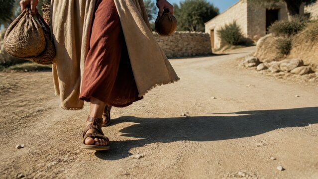 Young man returning home along a rural road with travel bags and flask. Biblical parable of the prodigal son, repentance, hardship, spiritual journey, and hope of forgiveness.