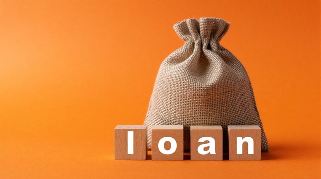 Money bag with burlap fabric stands behind wooden blocks spelling word loan. Concept of personal finance, banking debt credit service. Financial management, cash savings, investment planning,