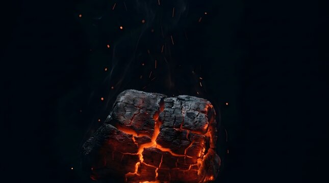 Close-up on a Glowing Hot Charcoal Embers with Fiery Cracks, Perfect for Halloween and Fireplace Ambiance
