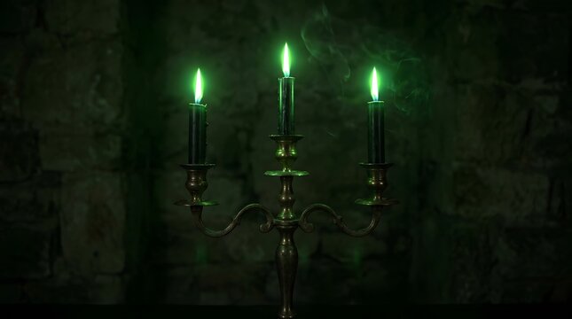 Spooky Halloween scene featuring a vintage golden candelabra with three glowing green candles illuminating a dark gothic stone wall interior