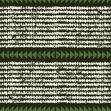 tribal stripes rustic green deep forest green seamless pattern. Modern abstract white triangle dash linear hatch horizontal band woven look ikat texture block print hand drawn line folk art style