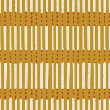 Modern lines mustard yellow ochre red accent vertical lines seamless pattern. Horizontal band woven look block print tribal geometry hand drawn line art minimalist line style