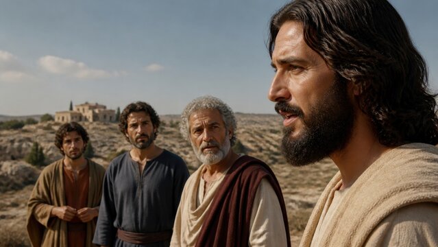 Jesus Christ teaching three men in a biblical desert landscape. Gospel scene inspired by the parable of the prodigal son, faith, repentance, forgiveness, and spiritual guidance.