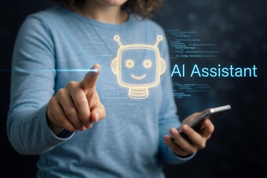 Person interacting with a futuristic AI assistant interface, showing digital touch and smart technology use.