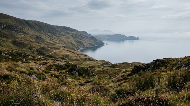 Panoramic Coastal Landscape Featuring Rolling Green Hills and Steep Cliffs with a Peaceful Sea and Misty Horizon